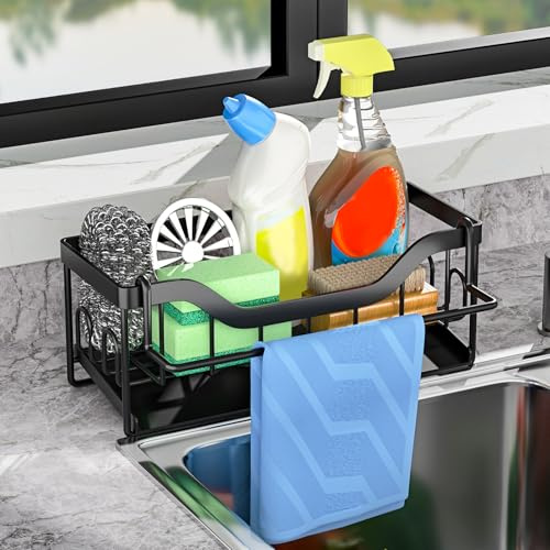 Schwarz Küchen Sink Caddy Organizer - Schwammhalter mit Selbstentleerender Ablaufwanne, Spülmittel Halterung, Spüllappenhalter, Spüle Ablage
