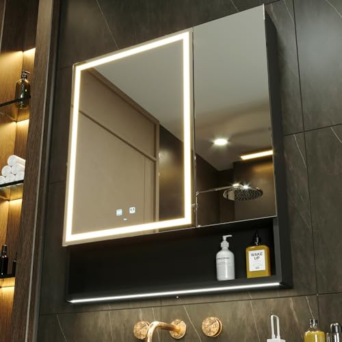 KWW LED éclairage Salle de Bains Armoire à Pharmacie avec Miroir, Température de Couleur réGlable, Anti - Buée, Prise et USB, Armoire à Pharmacie (2 portes-75×85)