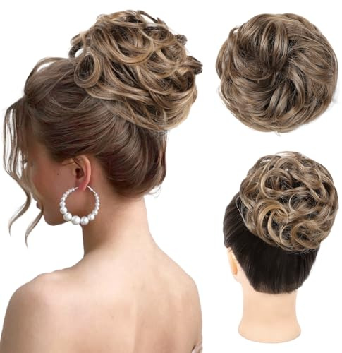 REECHO Messy Bun Hair Piece, Thick Tousled Updo Elastic Hair Bun Hair Piece for Women Synthetic Ponytail Extensions Messy Hair Bun - Light Brown with Golden Ends