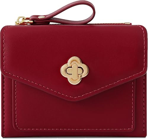 Farcauo Geldbörsen Frauen Portemonnaie Damen Rotes Minimalistisches Blumen Design Portemonnaie für Frauen Klein Portmonee mit Ausweisfach und Kartenhüllen