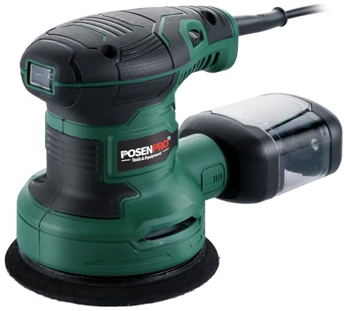 POSENPRO 300W Random Orbital Sander with 20Pcs 125mm Sandpapers, 7000-13000RPM 6 Variable Speed Sander Machine, High Performance Dust Collection System for Woodworking, Dust Collection Box Include