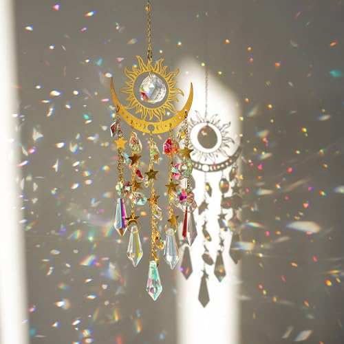 Sun and Moon Crystal Suncatcher Window Hanging Pendant Ornament | Crystal Sun and Moon Suncatcher Rainbow Maker Light Catcher Pendant for Window Garden Home Indoor Outdoor Decor Gift