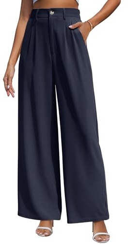 CMTOP Pantalones Mujer Verano Cintura Alta Elasticos Pantalones Largos Causal Pantalon Ancho Elegante Comodo Pantalón de Vestir Mujer con Bolsillos(Azul Marino, M)
