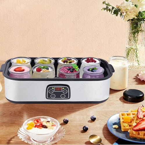 JOSBY Macchina per Yogurt con Display LCD, Macchina per Yogurt in Acciaio Inossidabile da 1400 ml, con vasetti di Vetro da 8 Pezzi da 180 ml, Controllo della Temperatura costante, Timer da 0 a 48 Ore