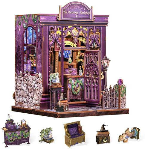 Cutefun Book Nook Kit DIY Miniature Dollhouse Kit, 3D Wooden Puzzles Bookends with LED Lighting Decoration for Teens and Adults (Astrology Bookhop)