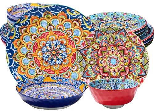 Romatlink Dinner Plates set of 4, Microwave and Dishwasher Safe, Scratch Resistant, Bohemian Style Plates and Bowls Set for Salad, Pasta, Dessert,Steak, Appetizers