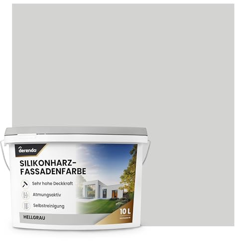 derendo Fassadenfarbe Grau Silikonharzfarbe matt Hellgrau aussen 2,5l | Für Putz Beton, Abperleffekt, wasserabweisend, UV-beständig, hohe Deckkraft, rissfüllend, diffusionsoffen, Made in Germany,