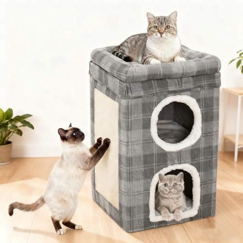 Faltbares Katzenhaus mit Würfel, 3-stöckiges Katzenhaus für den Innenbereich, große Katzenhöhle mit Kratzbrett und Kissen, für kleine Hunde und Welpen geeignet (40 x 40 x 60 cm)