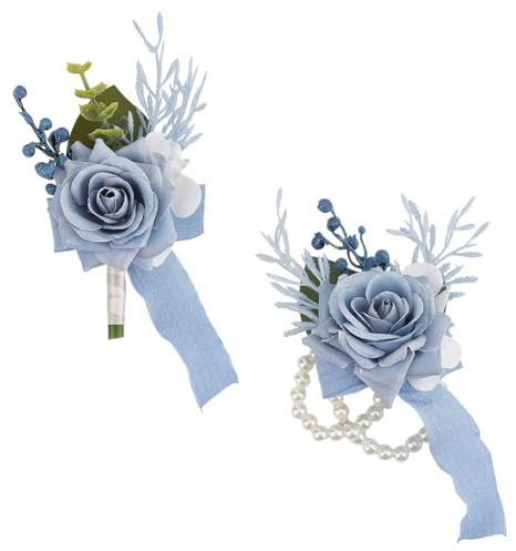 DELORIGIN 2 Teiliges Set Mit Ansteckblume Und Boutonniere Für Hochzeiten Und Bälle. 2 Stile: Blaue Rose Ansteckblume Handgelenk Ansteckblume Armbänder Mit Perlenarmband Für Männer