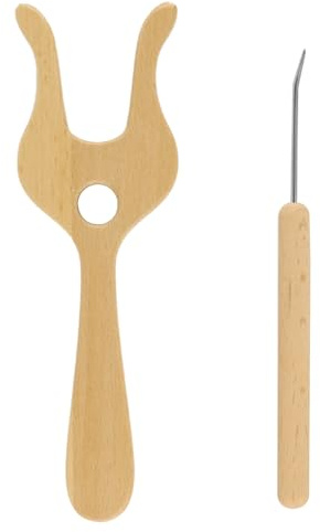 BOXOB 2pz Forchetta per Lavoro a Maglia in Legno & Gancio, Occhio Grande Knitting Fork Forchetta con Cordoncino Kit Lavoro a Maglia per Intrecciare Coulisse Sciarpe Regali all'Uncinetto