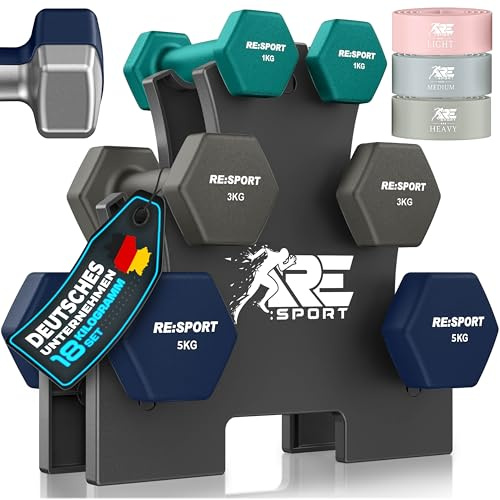 RE:SPORT® Hantelset 3 Paar, 1kg - 5kg, 12kg oder 18kg mit 3x Fitnessbänder | Rutschfeste Neopren Kurzhanteln für Damen & Herren inkl. Ständer | Hanteln Hantel-Set Workout Fitness Krafttraining