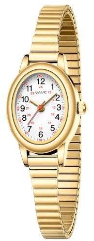 VAVC Gold Watch Waterproof Nurse Watch for Medical Professionals,Students,Women-Military Time Easy Read Dial,24 Hour with Second Hand,Stainless Steel Expansion Band