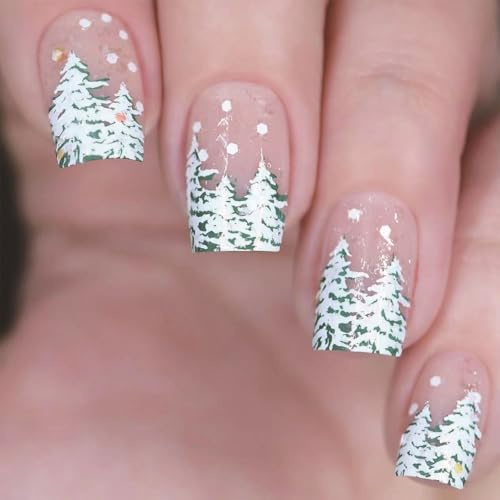 Lot de 24 faux ongles à presser en acrylique - Motif flocon de neige et sapin de Noël - Couverture complète - Bout carré court avec nail art réutilisable pour femme - Cadeaux de vacances, fêtes de