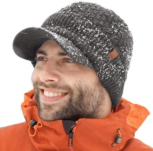 TOP-EX DryKnit™ Waterproof Peaked Beanie Hat for Men – Winter Merino Wool Fleece Lined Cap for Cold Weather Larger Heads