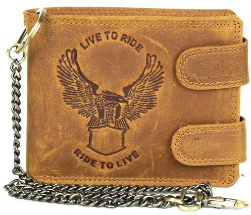 MDM Biker Portefeuille pour homme en cuir véritable avec chaîne et gaufrage aigle – Portefeuille avec protection RFID Noir, cognac, 10.0 X 12.5 X 2.5 Centimeters, Motard