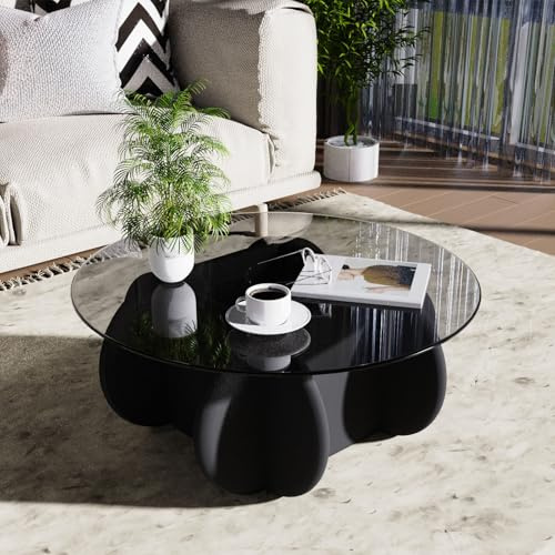 Black Glass Top Coffee Table Modern Elegant Round Coffee Tables with Solid Wood Legs and Tempered Glass Tabletop for Living Room Home Small Space Reception Office Tables 31.5