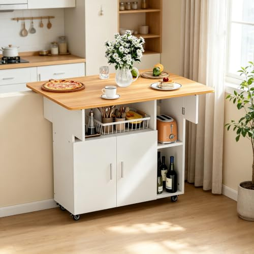 Ztexkee Mesa de Comedor Plegable Mesa de Cocina con Ruedas 1 Armario Grande y 3 Compartimento Abierto Aparador móvil Mesas para Espacios pequeños Comedor Cocina 100 x 70 x 79 cm Naranja y Blanco