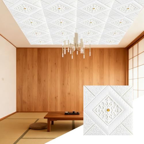 Cammeciso Deckenverkleidung Kunststoff,AbgehäNgte Deckenplatten,Deckenplatten 3D Deckenfliesen,Leichtgewichtig,Selbstklebend,Wasserdicht öLfest,FüR Wanddecken Renovierung