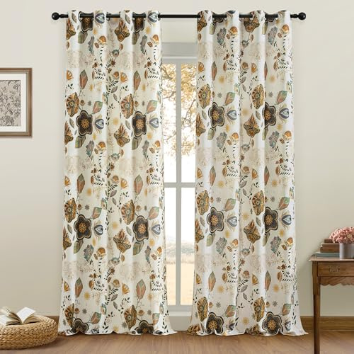 XiDi Reinleinen Landhausgardinen -Retro-Boho Blumenmuster 245cm - 2 Paneele Halbdurchlässig Lichtfilternd für Wohnzimmer/Esszimmer