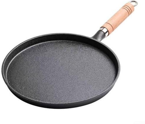 Thickened Cast Iron Pancake Pan with Wooden Handle, Even Heat Distribution Frying Pan for Home Cooking, black- Skillet Available in 20cm, 23cm, 26cm Sizes(26)