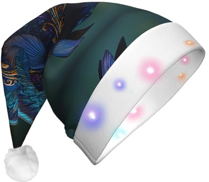BOAXXL LED-Weihnachtsmütze - Plüsch-Weihnachtsmannmütze mit modischem blauen strukturierten Fischdruck, weiches hautfreundliches Design für Festival-Partykleidung