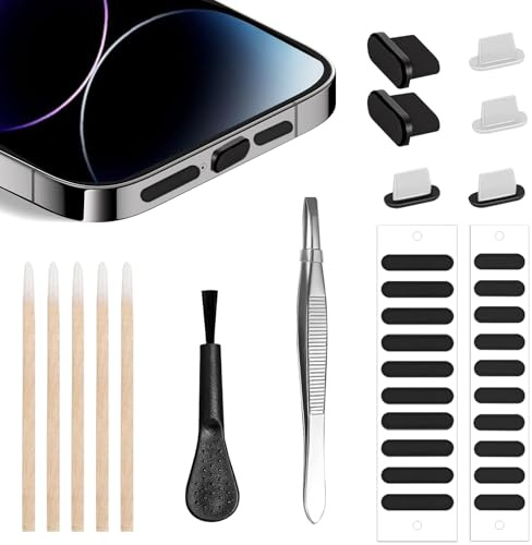 NiceBest Kit Limpieza para iPhone, Limpieza Movil Compatible con Tapones Antipolvo para iPhone, con Tapón Antipolvo para Altavoz, Bastoncillo de Algodón, Cepillo y Clip para iPhone Serie 15/16