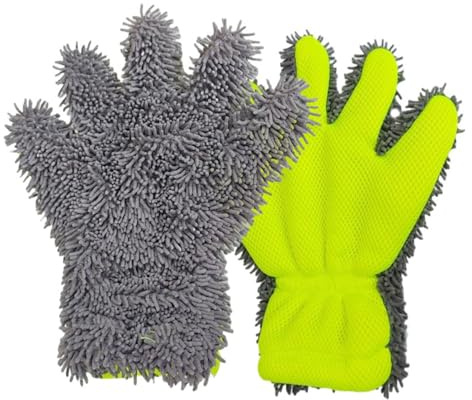 BE-TOOL Grey + Fluorescent Yellow 1 Pair 5-Finger Microfiber Car Wash Mitts, Cleaning Glove 5 Finger Washing Drying Towels for Car Washing, Motorcycle, Dust Removal