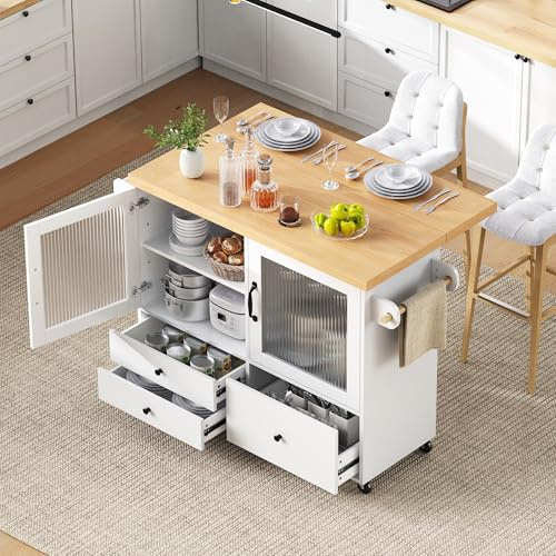 NADEUSAK Isla de cocina móvil 90 x 100 cm con ruedas y mesa de comedor extensible, con soporte para copas de vino y espacio de almacenamiento, color blanco