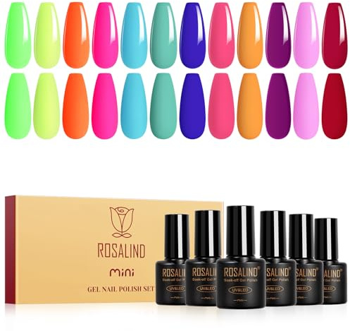 ROSALIND Esmaltes Semipermanentes, 12 Colores Pintauñas Semipermanentes Colores Verde Amarillo Naranja Azul Rosa Morado Rojo, UV LED Mini Esmaltes en Gel Manicure Regalo Primavera Verano