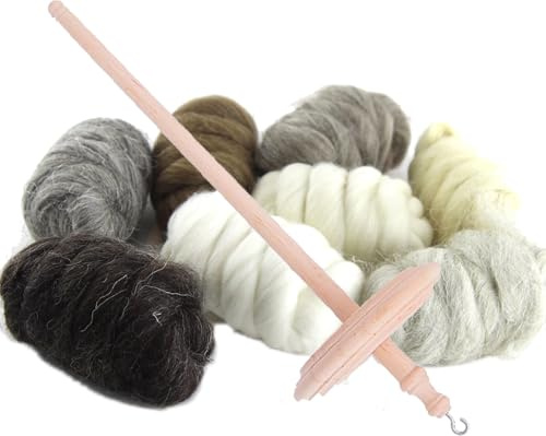 theofeel Handspindel Set, inkl. 200 g Kammzug Wolle zum spinnen | Fallspindel aus Holz, Holzspindel natur, Spindel mit Spinnfasern