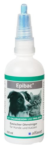 Alfavet Epibac, basischer, sehr milder Ohrreiniger für Hunde und Katzen mit Chlorhexidin und Tris-EDTA, 100ml