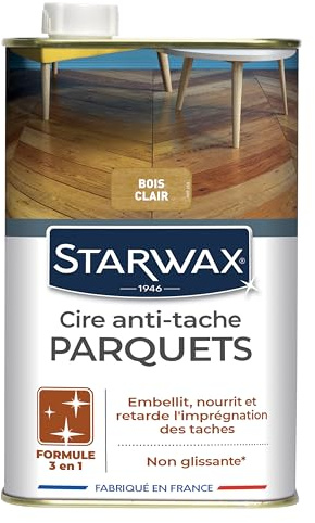 STARWAX - Cire Starlon Anti-Tache pour Parquets Cirés Teinte Bois Clair - Embellit, Nourrit et Protège des Taches - Non Glissant - Aspect Ciré-Satiné - 1L - 30m²/couche | Embellit et protège parquets escaliers et meubles cirés, aspect satiné chaleureux, effet déperlant, non glissant