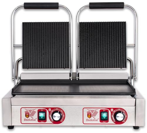 Beeketal 'BKG8' Gastro Doppelt Kontaktgrill mit Gusseisen Grillpatten (oben gerillt unten glatt) mit Fettauffangschale, Profi Edelstahl Elektrogrill ideal als Panini Grill Maker oder Sandwich Toaster