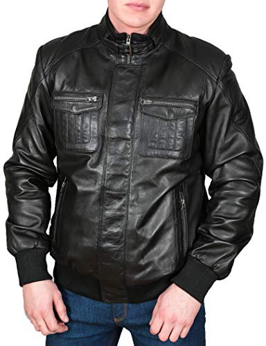 A1 FASHION GOODS Bomber-Lederjacke für Herren, weiches schwarzes Lammfell, Reißverschluss, Blouson-Mantel – Ryan (Größe XXXL), Schwarz , XXXL