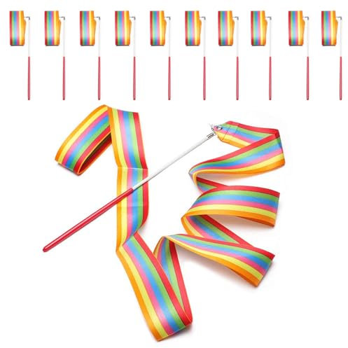 Surplex 10 stücke 2 Meter Kunst Gymnastik Rhythmische Band Wirbelnden Baton Stange, Gym Dance Ribbon Wand Streamer und Stick für Kinder, Regenbogen
