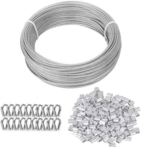 TooTaci 3mm Edelstahlseil 30M Stahlseil mit ösen, 3mm Drahtseil Edelstahl Spanndraht aus PVC-ummantelt, 50 Stück M3 Crimphülsen, 20 Stück Kauschen, für Zaun, Hängen, Gardinen