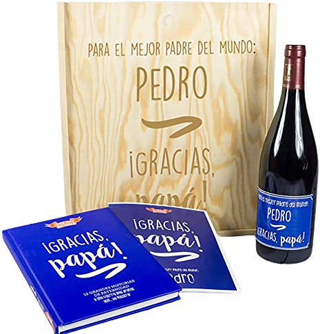 Calledelregalo Regalo personalizzabile per genitori: kit Miglior papà del mondo con bottiglia di vino personalizzata, il libro Grazie, papà! e carta personalizzata, in scatola di legno anche
