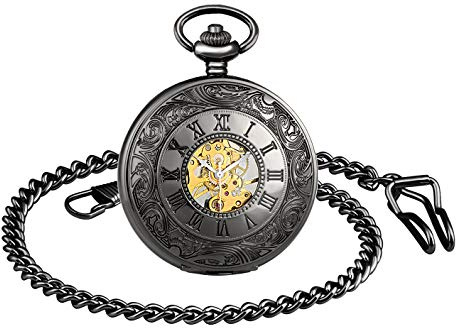 MICGIGI-Unisex Taschenuhr mit Halskette Kette Analog Handaufzug Schwarz Römische Ziffern Mechanische Taschenuhren