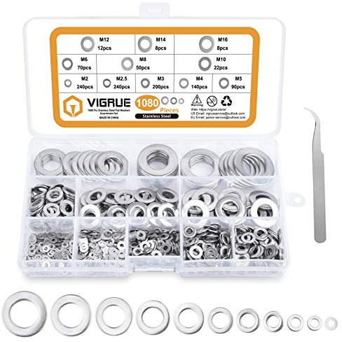 VIGRUE - Rondelle piatte, 1080 pezzi, 11 misure, A2-70, in acciaio inox, piatti e rondelle di sicurezza, set (M2 M2.5, M3, M4, M5, M6, M8, M10, M12, M14, M16)