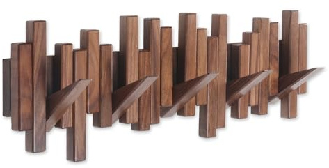 DESAINOPH® Wooden Coat Rack Wall Mounted Sticks Multi Rack Solid Handmade Natural Walnut Wood Artwork with 5 Flip-Down Unique Modern Hooks for Coats Bag Hat Umbrella