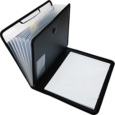 D.RECT Aktentasche Notizbuch im Set Fächermappe Ordnungsmappe Erweiterbar Tragbar Aktenordner Dokumentenmappen, runder Gummizug mit Verschlussknopf, 7 Fächer A4 Schwarz