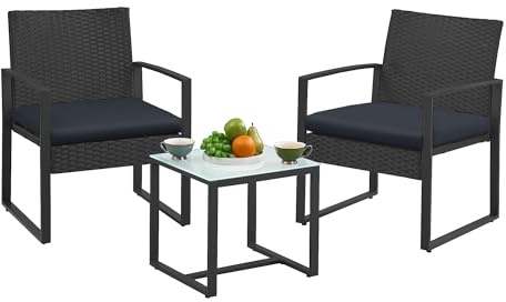 SONGMICS Balkonmöbel, Gartenmöbel-Set, aus PE-Polyrattan, Lounge-Set, Tisch und 2 Stühle, Terrassenmöbel, einfache Montage, Outdoor, für Terrasse, Balkon, Garten, schwarz GGF010B05