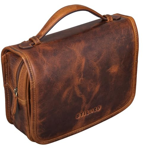 STILORD 'Arlo' Leder Kulturtasche zum Aufhängen Kulturbeutel Waschtasche mit Henkel und Ring Reise Necessaire Vintage Leder Toilettentasche für Damen und Herren, Farbe:Kara - Cognac