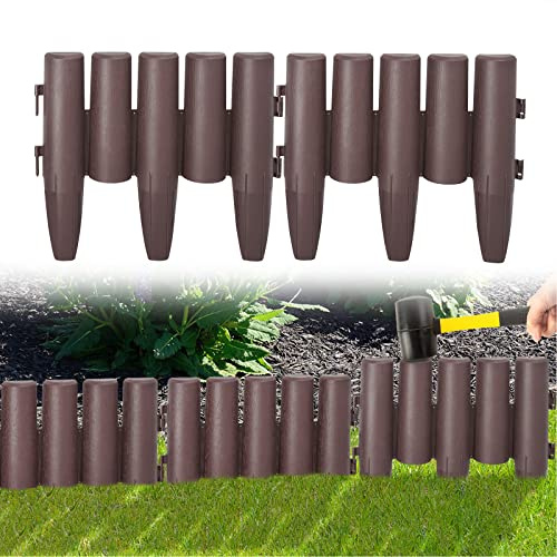 UISEBRT Rasenkante Kunststoff 14m Holz Optik Beeteinfassung Mähkante, Beetumrandung Rasenkante Wetterfest Gartenpalisade Garden Border Beetzaun, 1 Element (L x H): 28 x 24cm, Braun