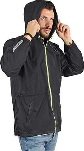 PERLETTI Giacca a Vento Impermeabile Uomo Antivento Leggera - Sportivo con Cappuccio e Dettagli Catarifrangenti - Trench Antipioggia Corsa Trekking Outdoor (XL, Nero)
