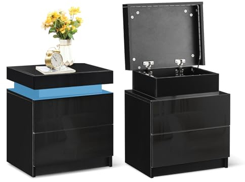 TUKAILAi Set of 2 Bedside Table with 2 Drawers & LED Light for Bedroom | 7 colours remote control, high gloss front, top hidden storage, sturdy MDF, nightstand for bedroom, living room, or office