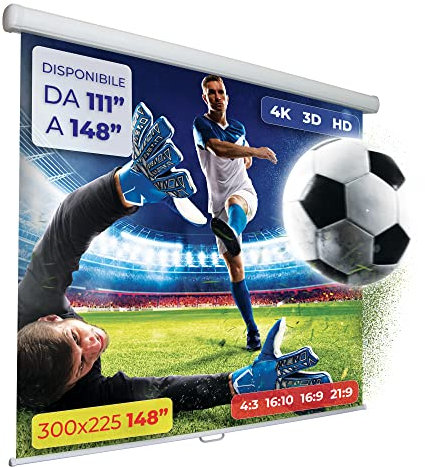 GAINUP Schermo Proiettore Manuale | 300x225cm (148 Pollici) 300cm | Formato 4:3 16:9 16:10 - Telo Bianco con Retro Nero - Telo Proiezione a Molla 3 Metri - Videoproiezione 3mt 3D Full HD 4K