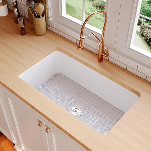 DeerValley Undermount Kitchen Sink 32 inch, White Fireclay Farmhouse Sinks, Single Bowl Deep Drop-in Kitchen Sink with Bottom Grid & Strainer, Heavy Duty Solid Fireclay