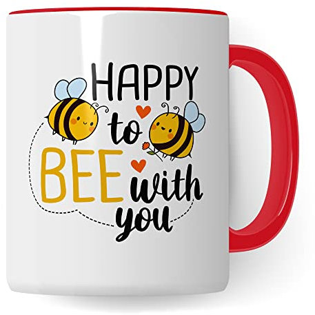 Bienen Tasse Happy to Bee with you Kaffeetasse Liebe Paar Geschenk Beziehung Geschenkidee Biene Mug Freunde Kaffee-Becher Freundschaft Witz Sarkasmus Wortwitz (Weiß/Rot)