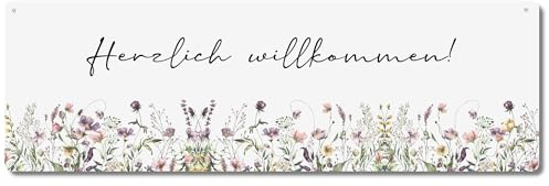 Interluxe Schild Metallschild - Herzlich willkommen Blumen - Zuhause Wohlfühloase Türschild Dekoschild Besuch Gäste Begrüßung Familie Freunde